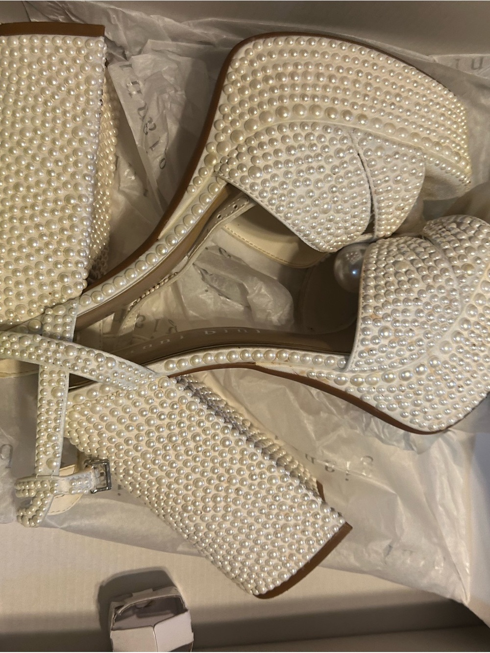 Gianni Bini Pearl-Embellished Ivory Platform Heels